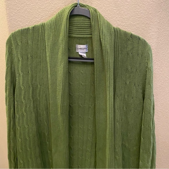 CHICO’S Women Green Linen Blend Longline Open Knit Cardigan Sweater Size 2(L/12) - Picture 2 of 6